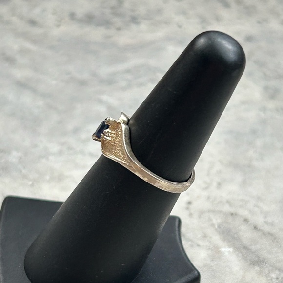 Elegant Blue Gemstone Gold Plated Ring Vintage Simulated Marquise Sapphire - Picture 2 of 8